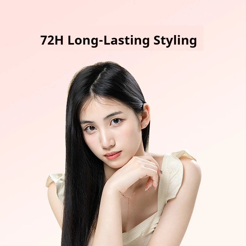 A woman with long black hair is shown in a close-up, demonstrating 72H long-lasting styling with a ceramic hair tool.