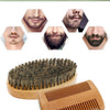 A set of wooden beard brush and comb tools shown with various facial hair styles.