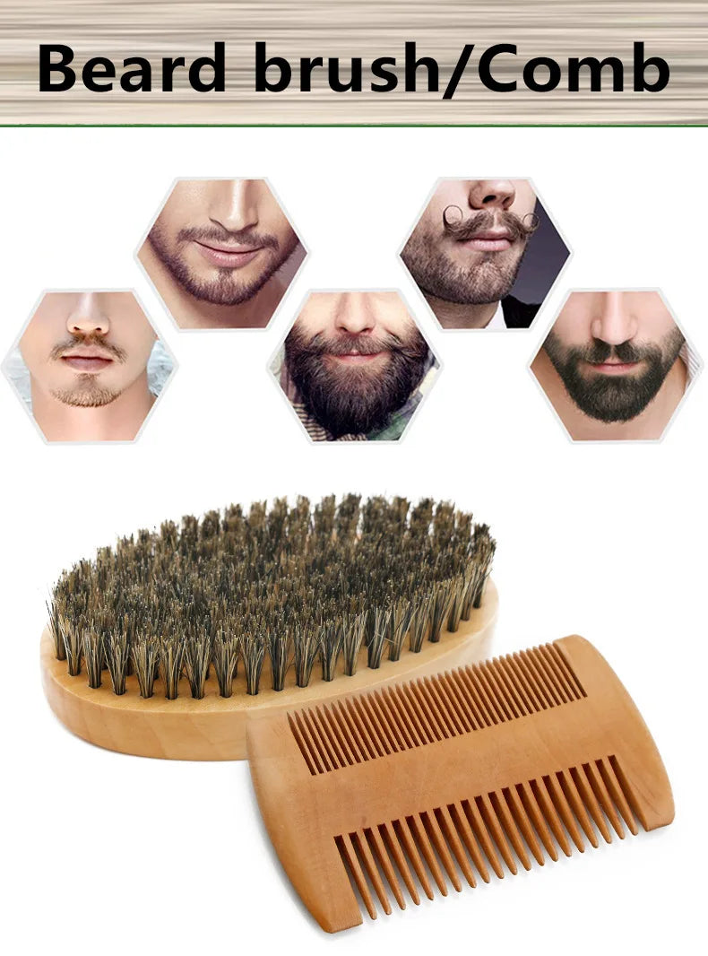 A set of wooden beard brush and comb tools shown with various facial hair styles.