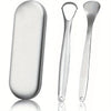 A set of stainless steel tongue scrapers for oral hygiene, shown in a vertical arrangement.