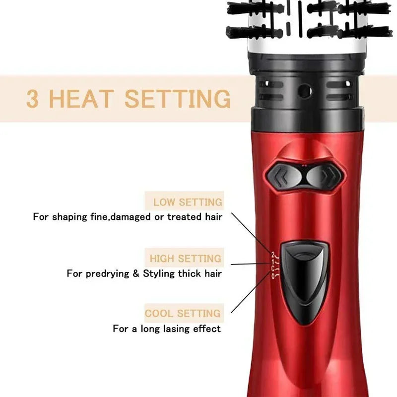 A red hot air brush with three heat settings for hair styling and straightening.