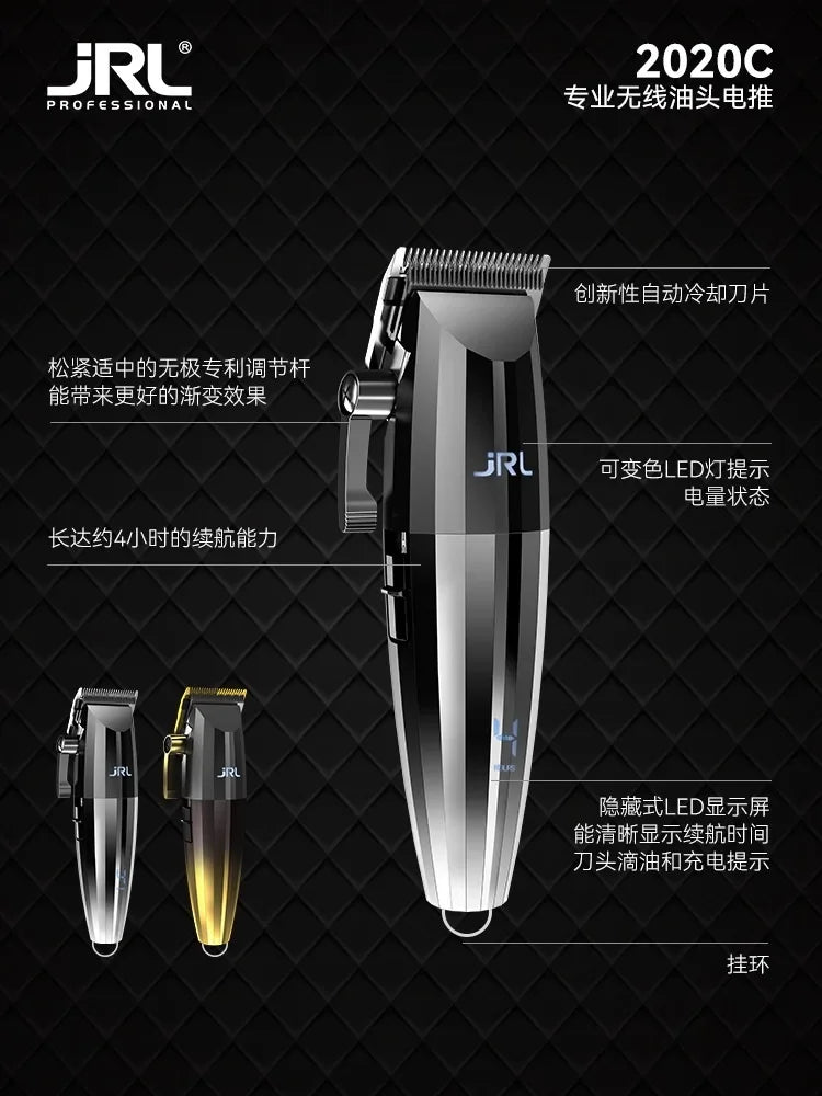 A sleek black electric hair trimmer with a silver finish, showing various trimming attachments and LED indicators.