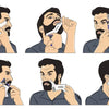 A series of illustrations showing a man using an all-in-one beard styling template and comb for grooming.