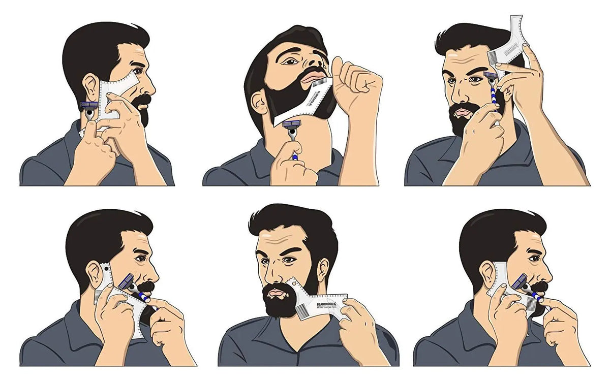 A series of illustrations showing a man using an all-in-one beard styling template and comb for grooming.