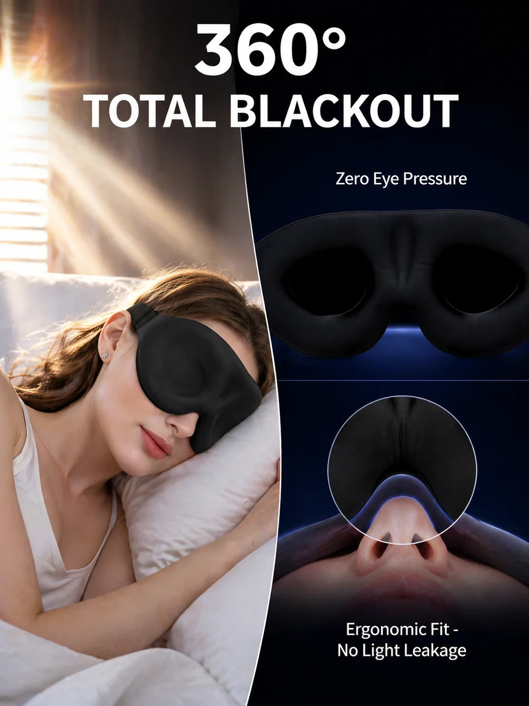 Mujer usando una máscara de dormir 3D negra y contorneada para oscuridad total y cero presión ocular.