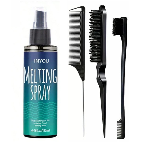 A black aerosol spray bottle of Melting Spray for lace wigs next to a black comb.