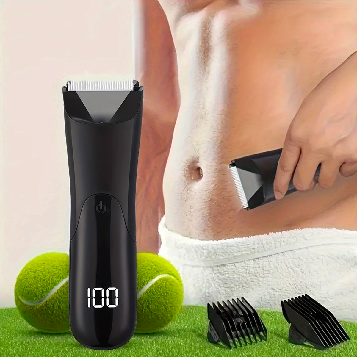 A black multi-purpose body hair trimmer is shown next to green tennis balls and a white towel.
