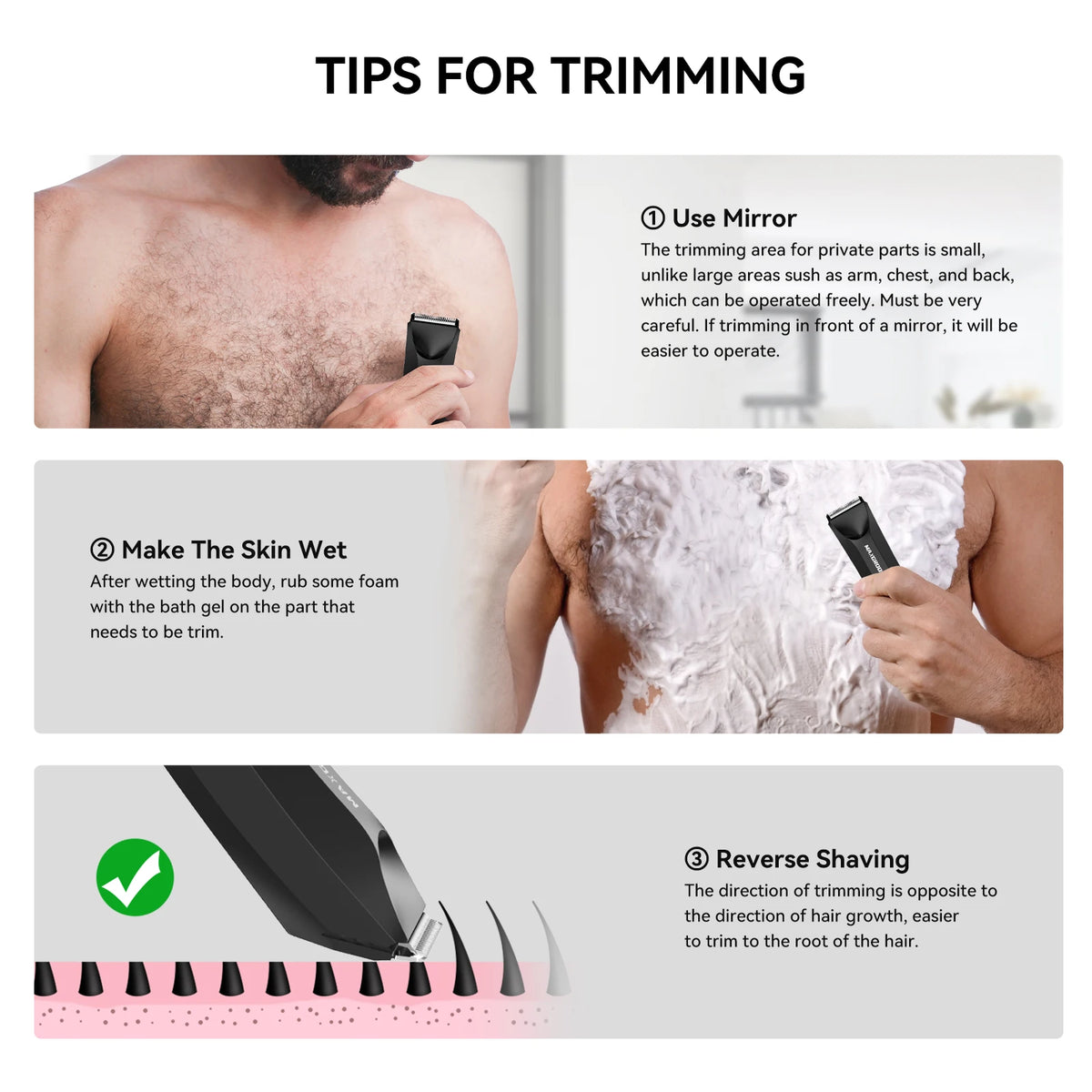 Tips for trimming body hair showing how to use a mirror, wet the skin, and reverse shaving technique.