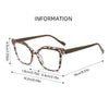 Un par de gafas de lectura cuadradas con montura marrón y anti-luz azul, mostradas con varias medidas.