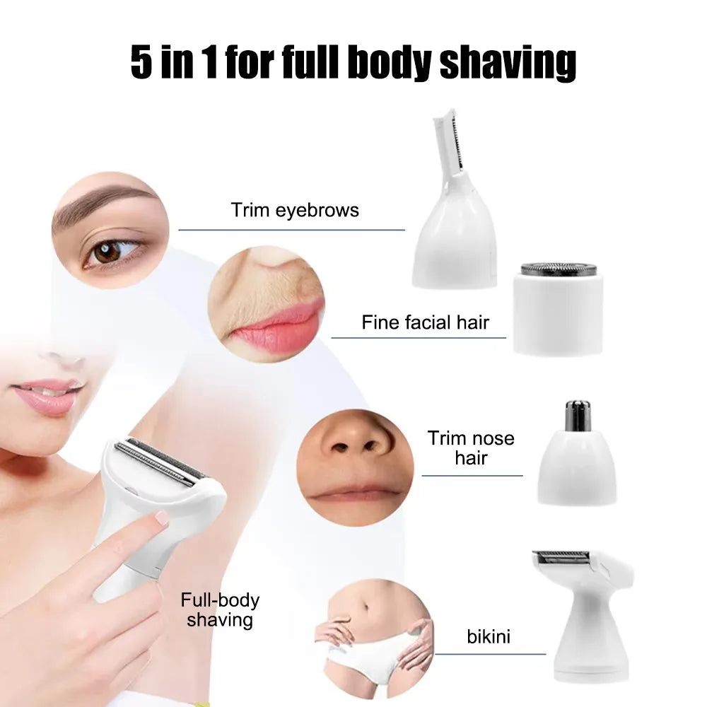A set of 5 in 1 electric shavers for full body shaving, including eyebrow trimmer, facial hair remover, nose hair trimmer, bi