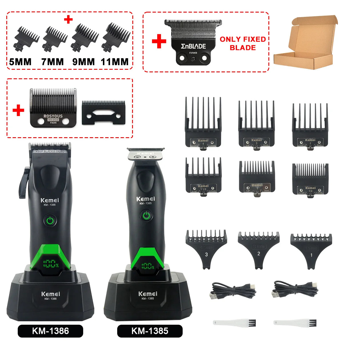 Set of Kemel electric hair trimmers and blades with various sizes and attachments