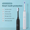 A white sonic electric toothbrush with a black handle is shown next to various mode options for oral health.