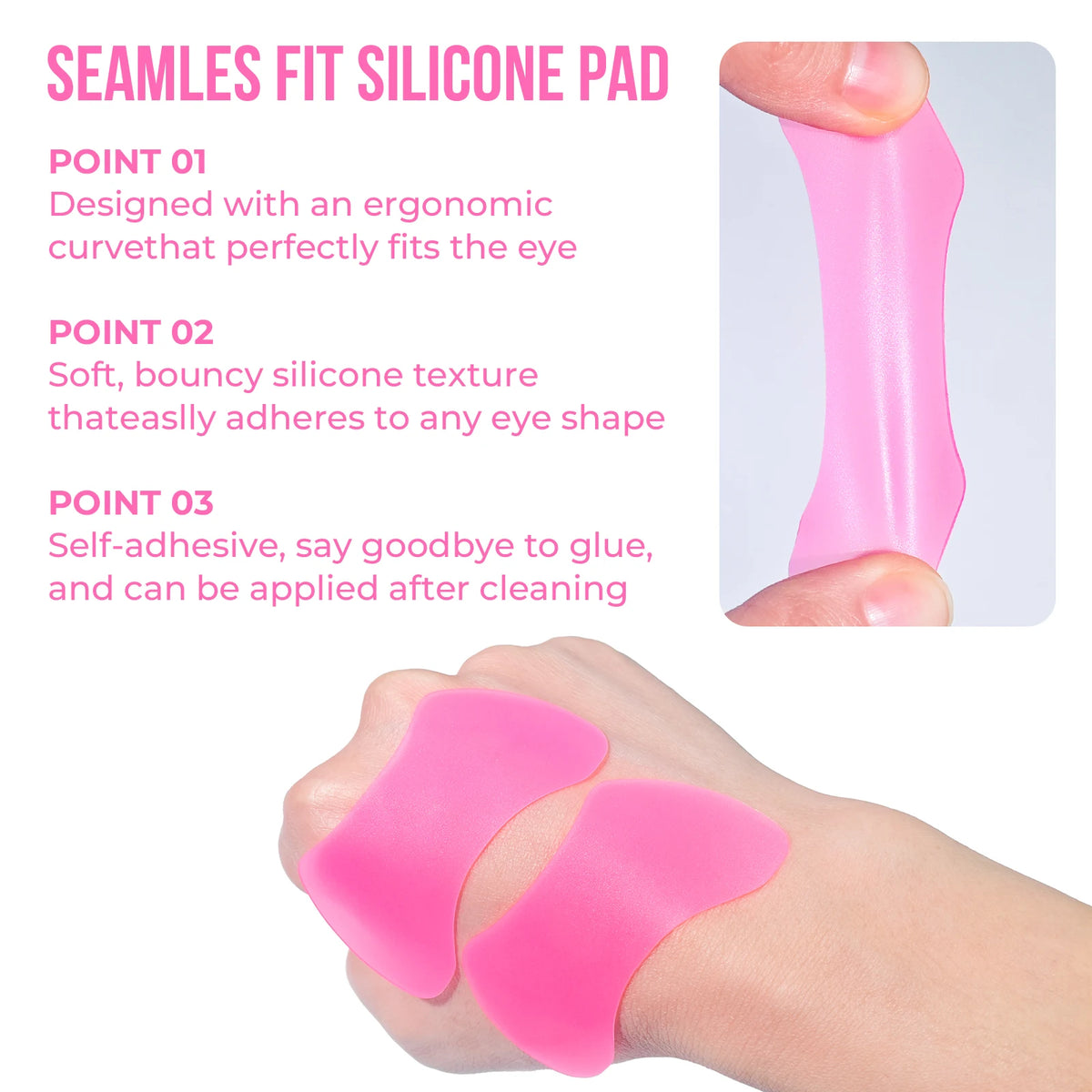 Pink silicone eye pads being applied to a person's eye area.