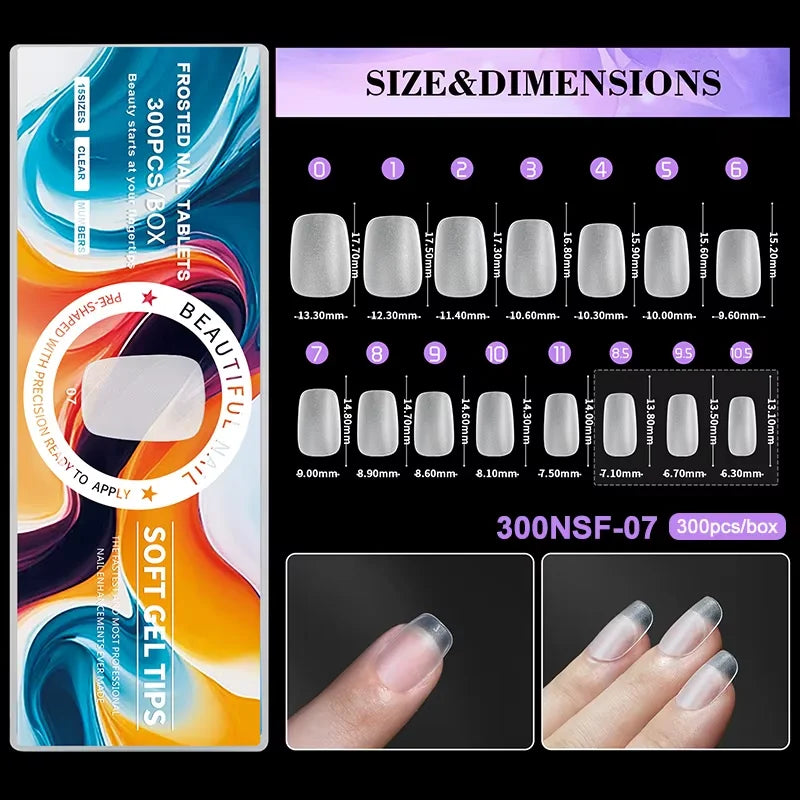 Affichage de diverses tailles et dimensions pour les pointes à ongles givrées, montrant différentes longueurs de 0 à 15 mm.