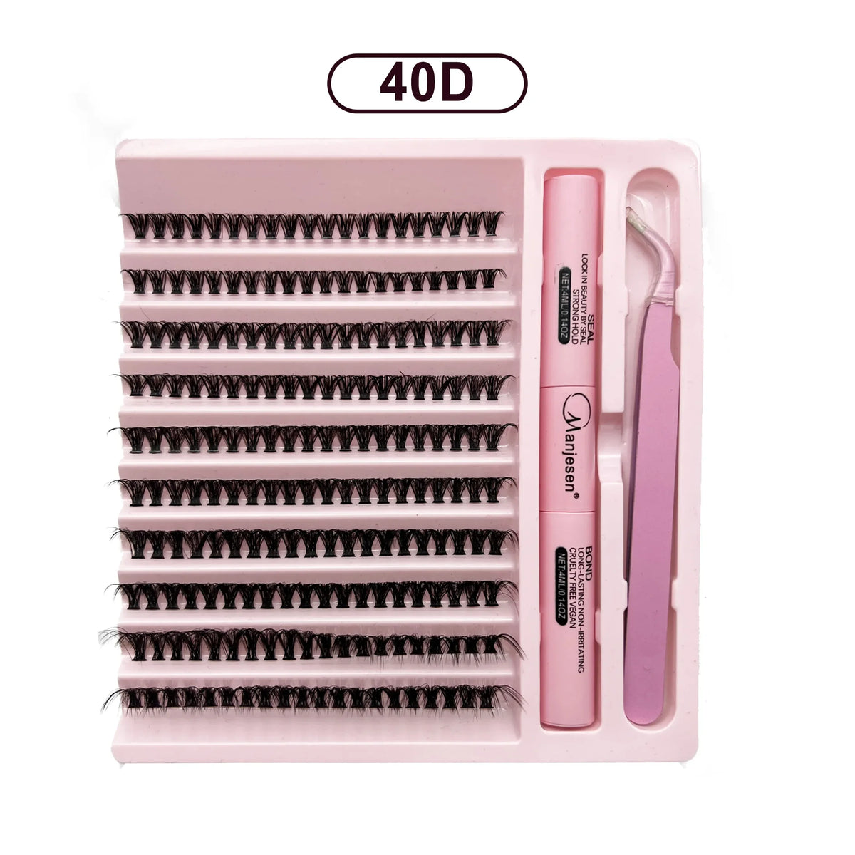 A pink DIY eyelash extension kit with a brush and tweezers is shown in a rectangular case.