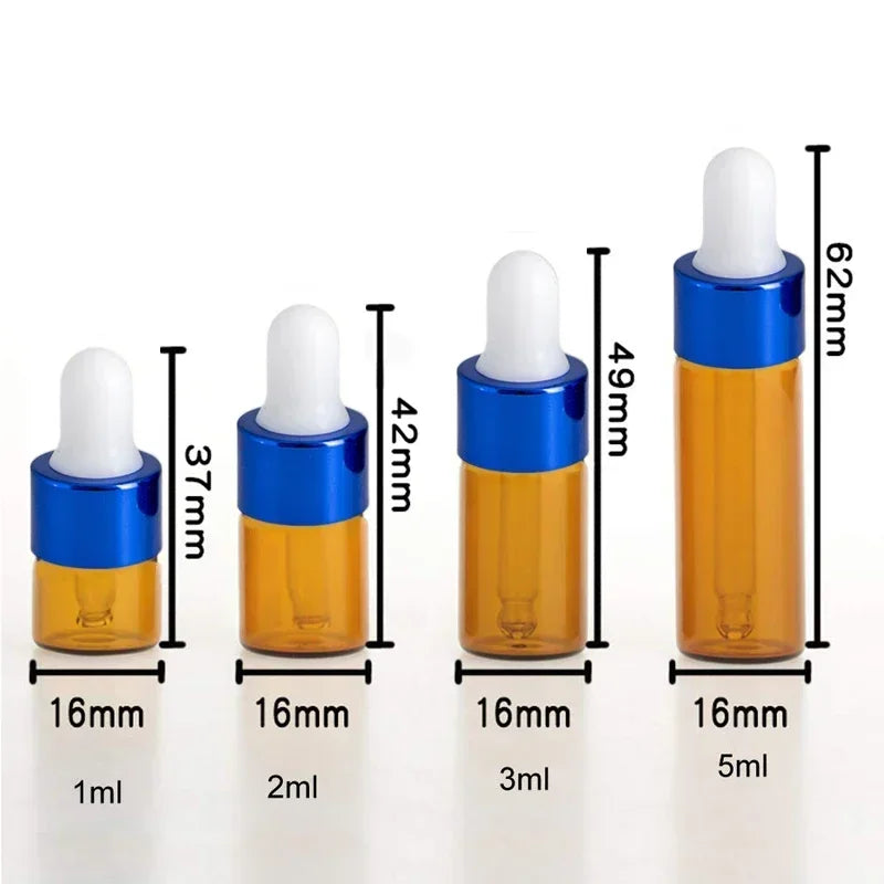 A set of five glass dropper bottles with various volumes and blue caps, showing different sizes.