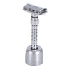 A silver double edge safety razor with a butterfly opening and a chrome handle.