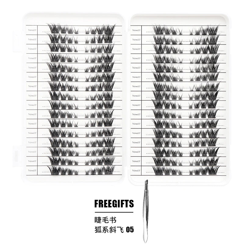 Kit d'extensions de cils individuels montré en deux panneaux avec des motifs de cils détaillés.