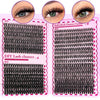 A pink plastic kit for DIY lash clusters and individual lashes with close-up eye examples.