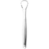 A stainless steel tongue scraper with a curved handle.