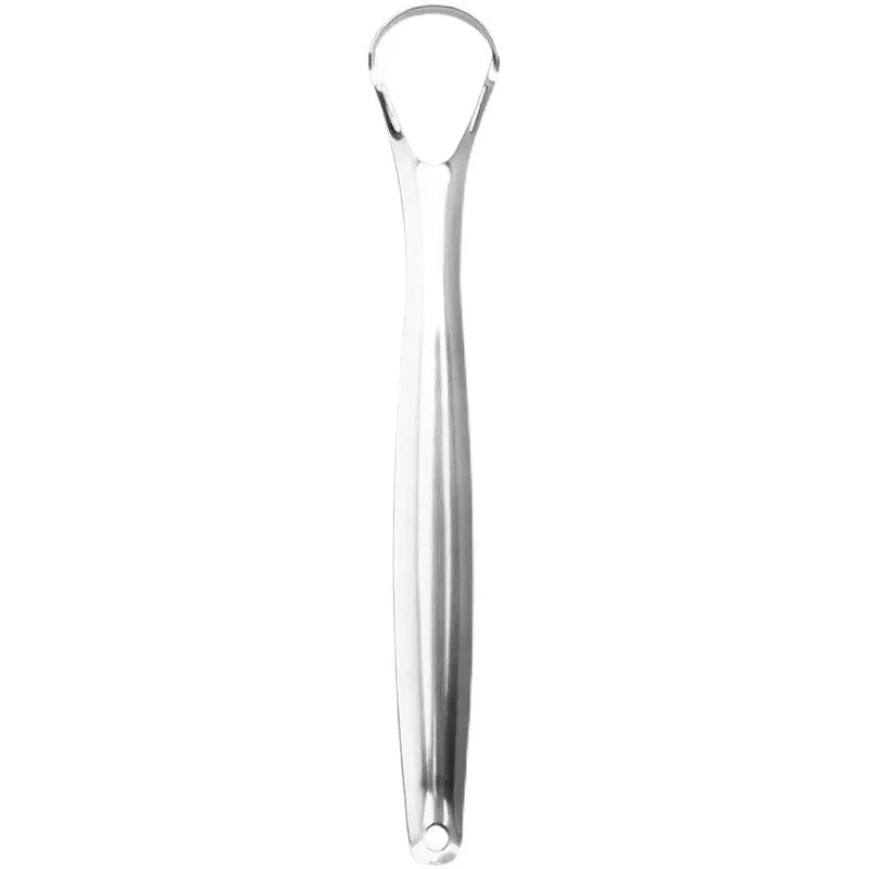 A stainless steel tongue scraper with a curved handle.