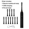 A black electric toothbrush set including the body, USB charging cable, and twelve brush heads.