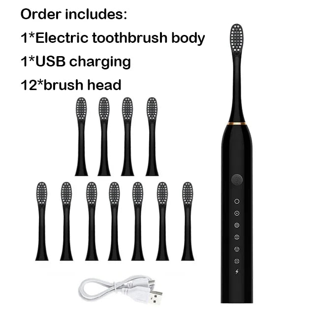 A black electric toothbrush set including the body, USB charging cable, and twelve brush heads.