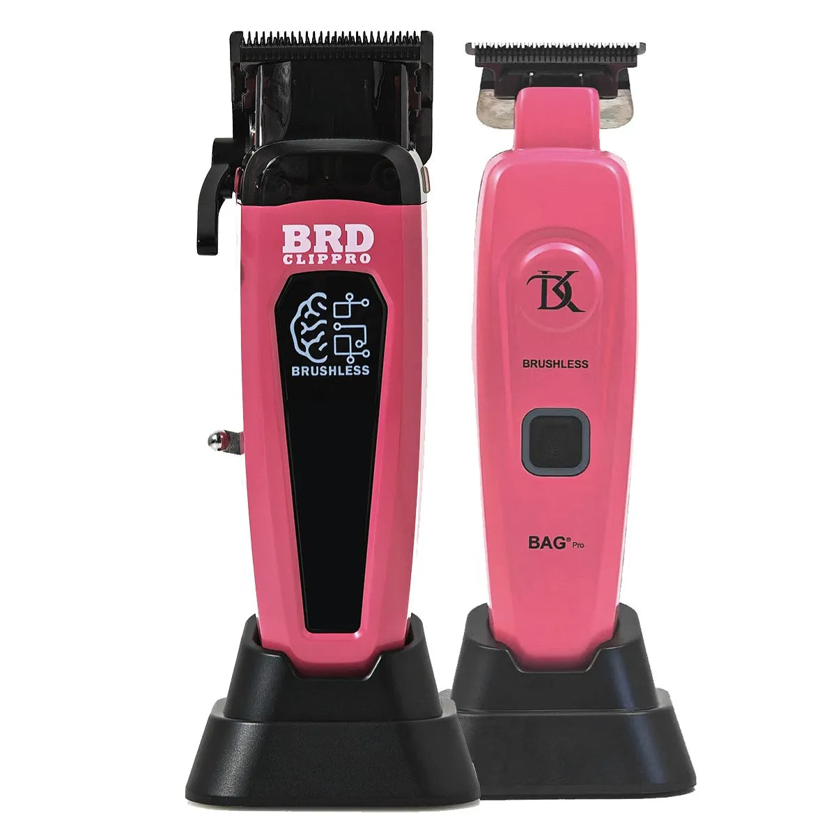 A pink and black professional brushless rotary hair trimmer kit with a brush attachment and bag.