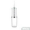 A silver electric water floss and oral irrigator device with a clear glass-like chamber.