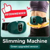 A green slimming machine belt is shown being worn around the waist, demonstrating its use for abdominal massage.