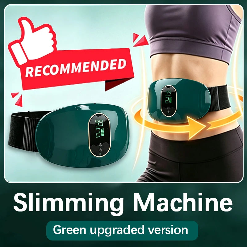 A green slimming machine belt is shown being worn around the waist, demonstrating its use for abdominal massage.