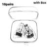 A pair of high fidelity silicone earplugs with a clear storage box shown open.