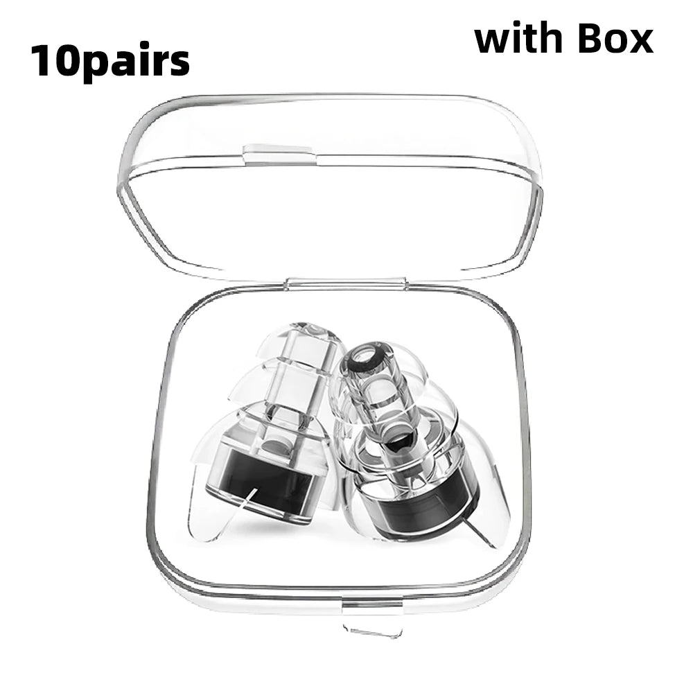A pair of high fidelity silicone earplugs with a clear storage box shown open.
