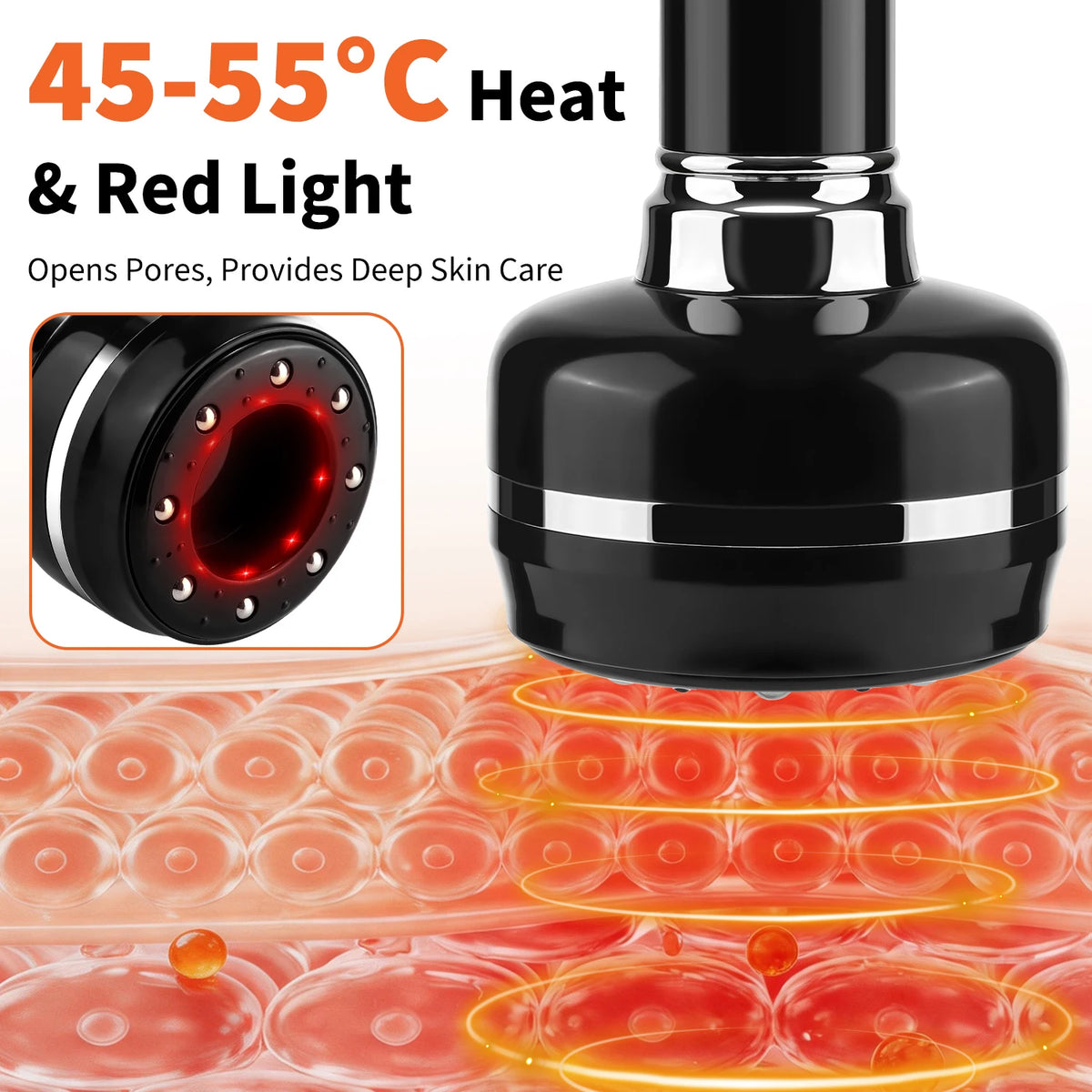 A black cupping tool with red light therapy features is shown applying heat and light to the skin.