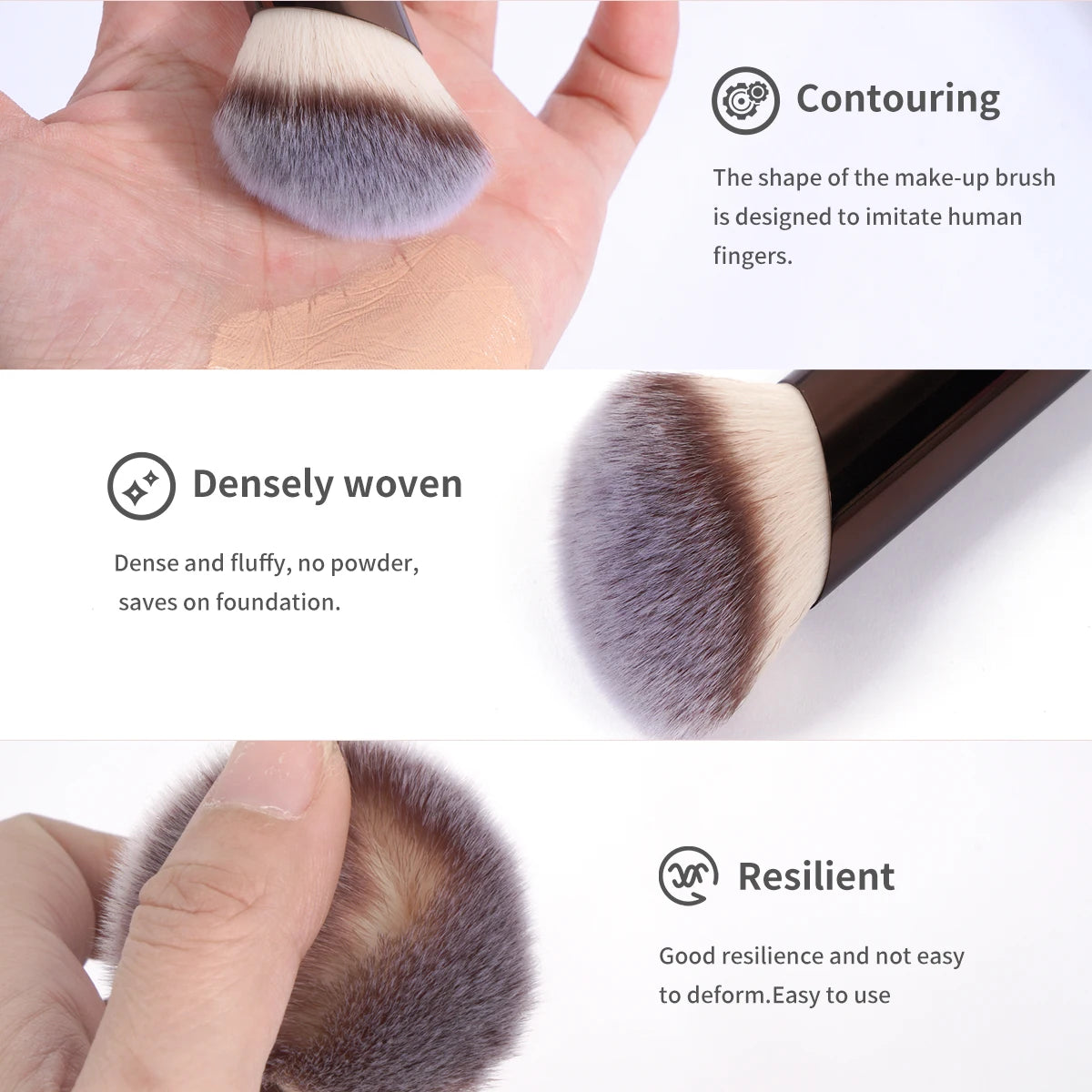 A close-up of a fluffy, gray makeup brush demonstrating contouring and dense weaving.