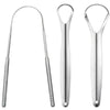 Stainless steel tongue scrapers for oral hygiene shown in a vertical layout.