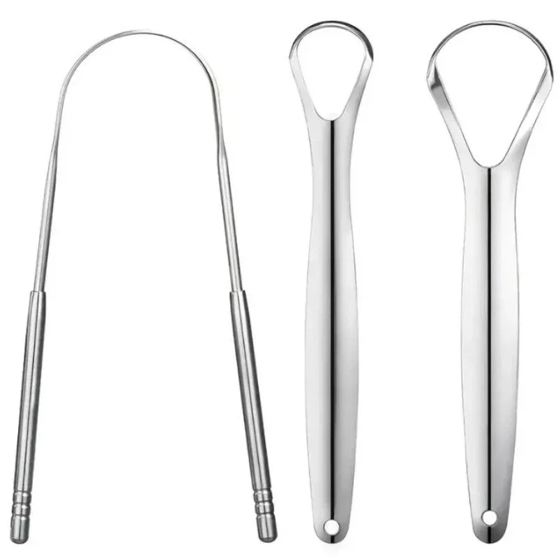 Stainless steel tongue scrapers for oral hygiene shown in a vertical layout.
