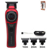 Red Kemei KM-999 smart brain cordless hair trimmer with 1mm, 2mm, and 3mm guards and charging cable