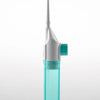 A manual high-pressure dental flosser with a white body and a clear blue reservoir.