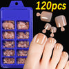 Colección de 120 uñas postizas en tonos nude y beige, junto a una caja de almacenamiento morada.
