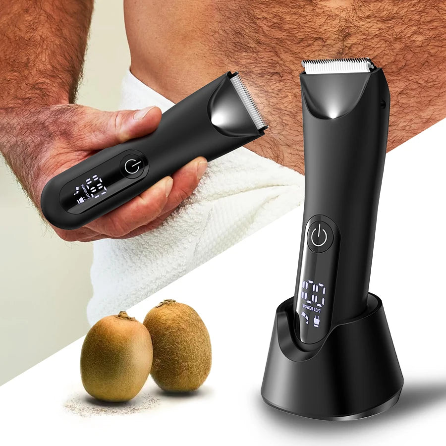 A hand holds a black precision electric body and hair trimmer next to fresh citrus fruits.