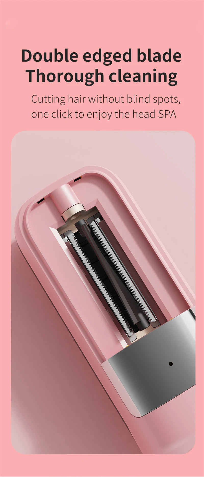 A pink double-edged blade hair trimmer is shown in a close-up view.