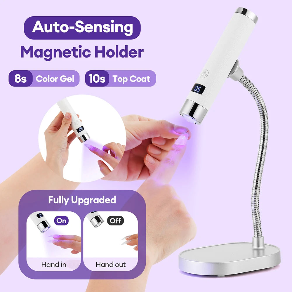 An auto-sensing magnetic holder for a gel nail lamp showing hand usage and on/off modes.