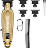 A gold-colored professional cordless hair trimmer with various guard attachments and a separate cord.