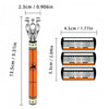An orange and black manual razor with a silver handle and lubricating strip, shown with dimensions.