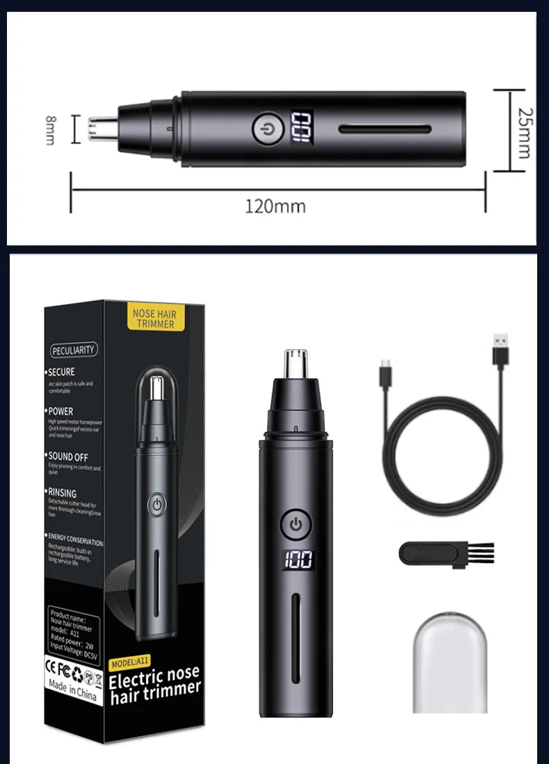 A black electric nose hair trimmer shown with its components and packaging.