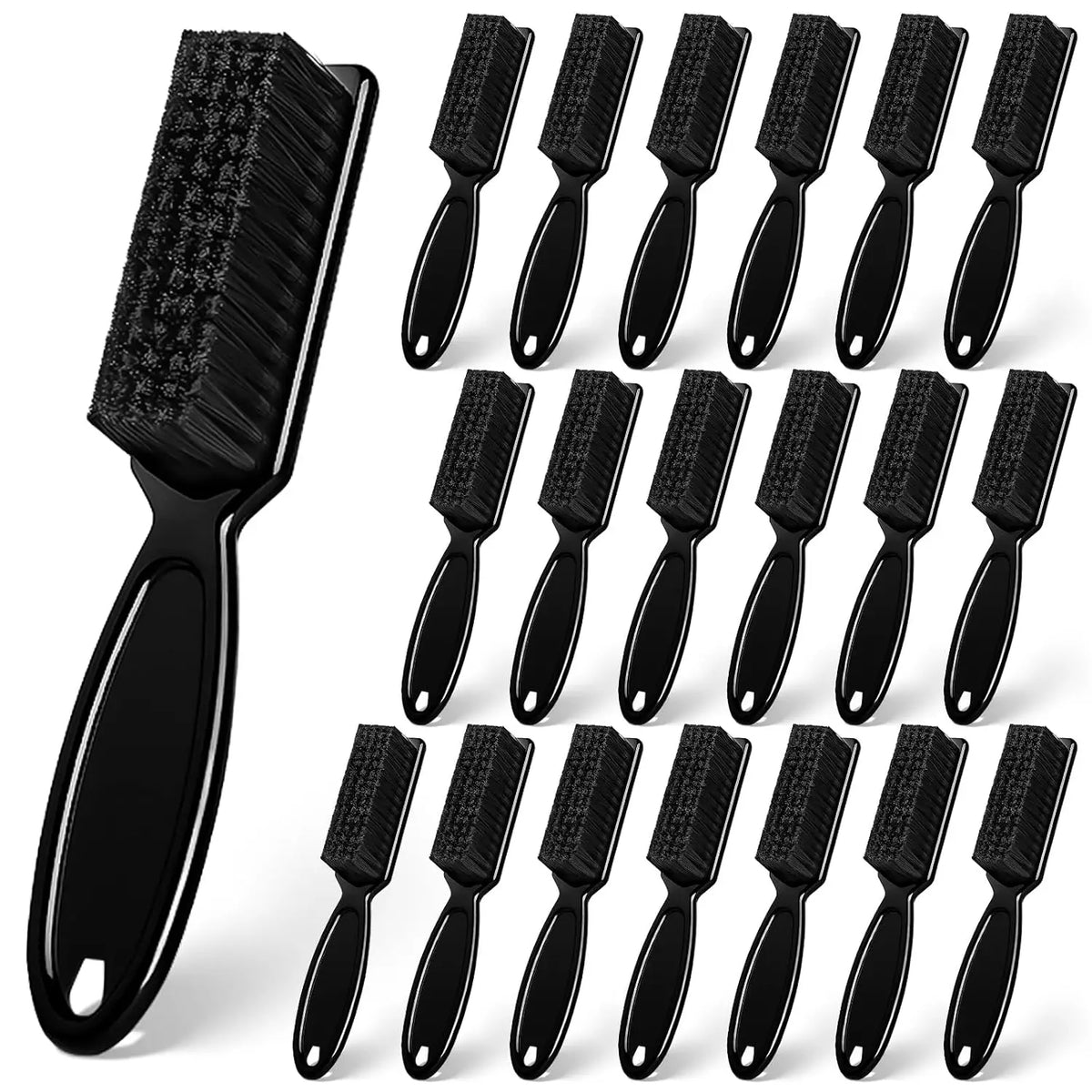 A set of black multifunctional plastic and nylon cleaning brushes shown from above.