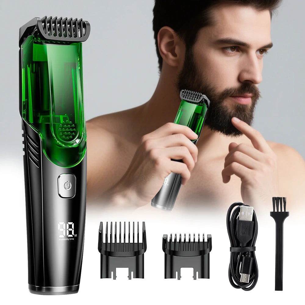 A man is using a green precision rechargeable beard trimmer with suction design and accompanying accessories.