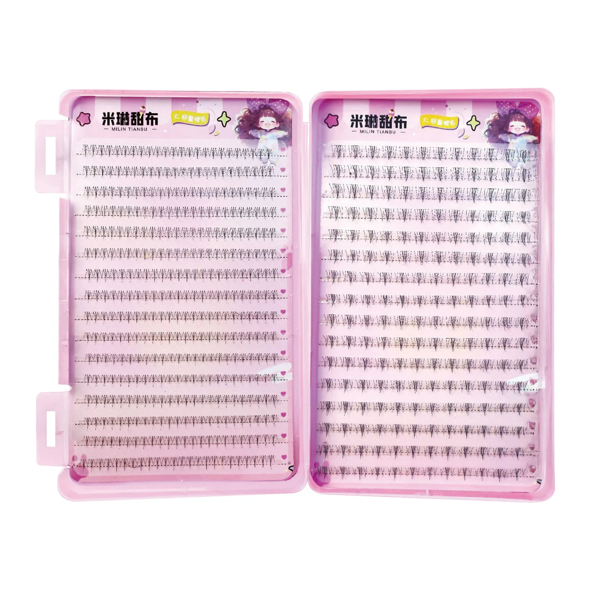 A set of 32 pairs of 7D cluster false eyelashes with seamless glue application in mixed lengths.