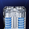 Primer plano de una maquinilla de afeitar eléctrica plateada con cuchillas flotantes dobles y elementos vibratorios azules.